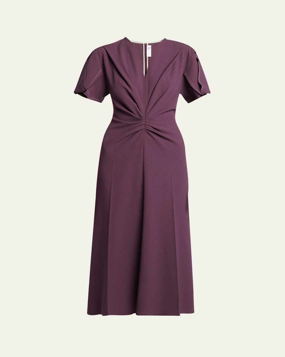 Gathered V-Neck Wool Midi Dress